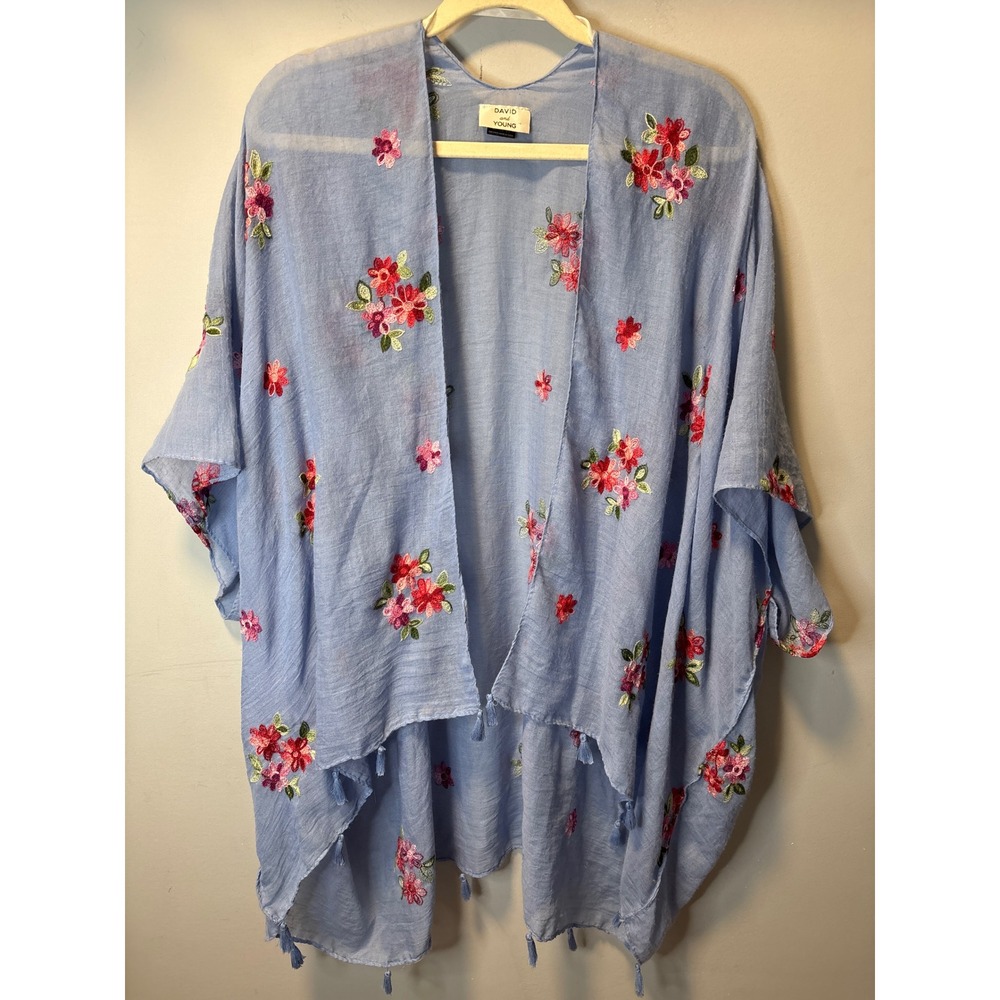 David and Young Boho Blue Floral Embroidered Kimono Wrap Tassel Hem One Size